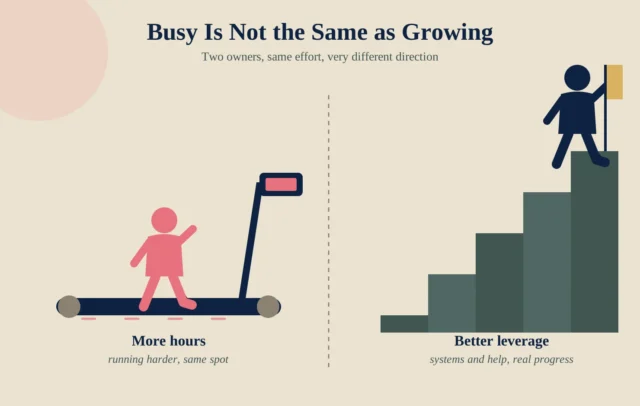 Illustration comparing busy work, an owner running on a treadmill labeled more hours, with growth work, an owner climbing stairs to a flag labeled better leverage
