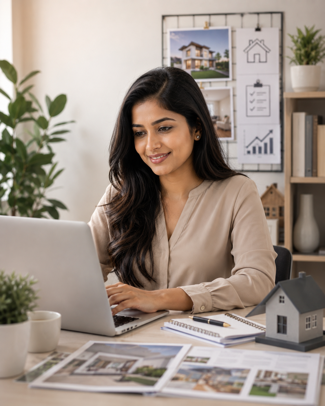 Indian real estate virtual assistant managing CRM, property listings, scheduling, and client communication from a modern remote workspace