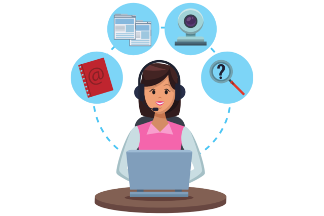 Professional executive assistant working remotely with laptop, headset, and business documents in a modern office setup.