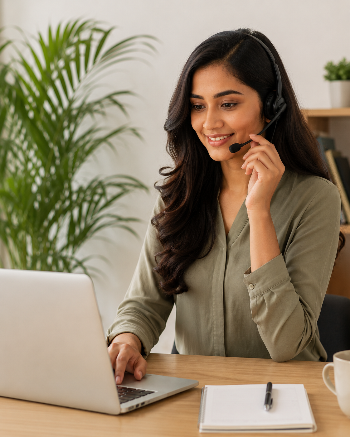 South Asian female social media virtual assistant working on a laptop with a headset in a modern office workspace