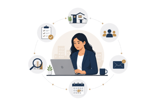 Illustration of an Indian real estate virtual assistant managing scheduling, CRM, client communication, and property tasks remotely