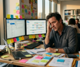 Overwhelmed business owner at a cluttered desk with tasks piling up, illustrating the bottleneck problem in a small business