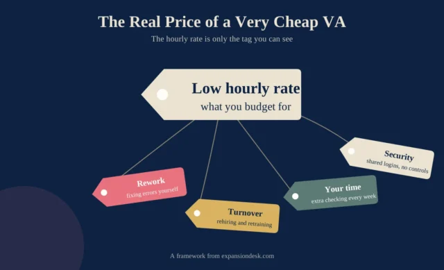 Illustration of a price tag labeled low hourly rate with smaller hidden cost tags for rework, turnover, your time and security
