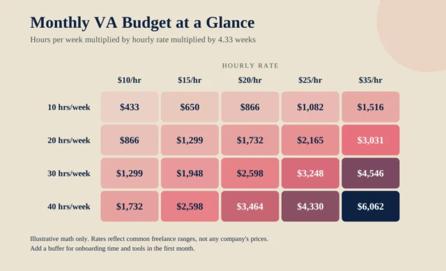 Heatmap table of illustrative monthly virtual assistant budgets for 10 to 40 hours a week at hourly rates from 10 to 35 dollars