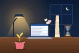 Night-time office desk with a tower of empty coffee cups, a glowing inbox and an empty hourglass, a symbol of working longer hours without growth