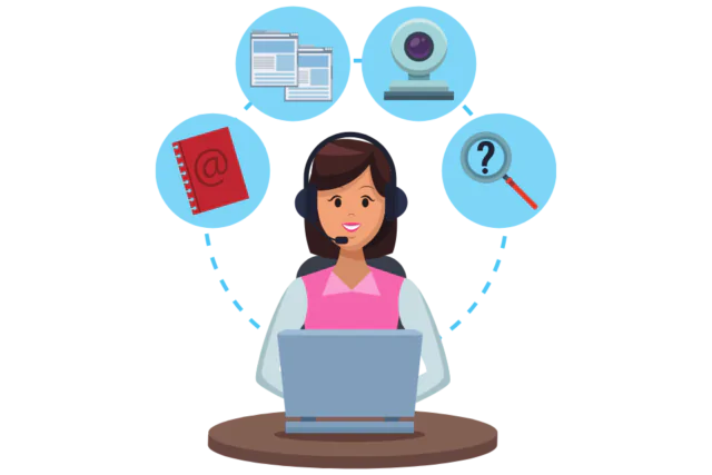 Professional executive assistant working remotely with laptop, headset, and business documents in a modern office setup.