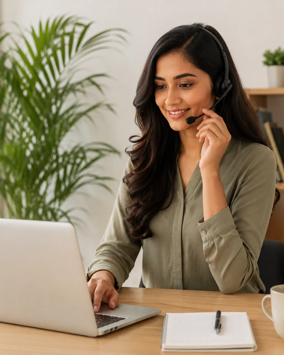 South Asian female social media virtual assistant working on a laptop with a headset in a modern office workspace