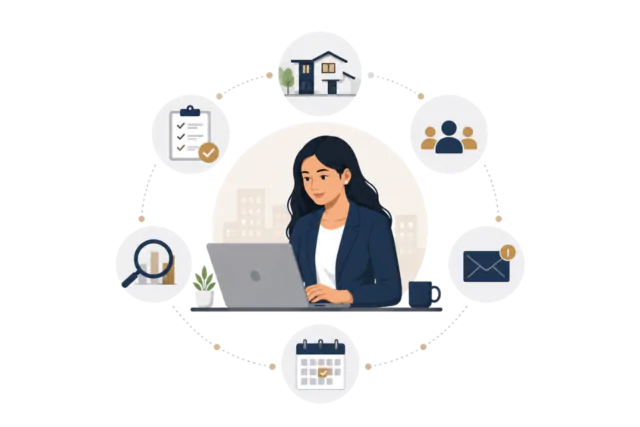 Real Estate Virtual Assistant Business Support Illustration Illustration of an Indian real estate virtual assistant managing scheduling, CRM, client communication, and property tasks remotely