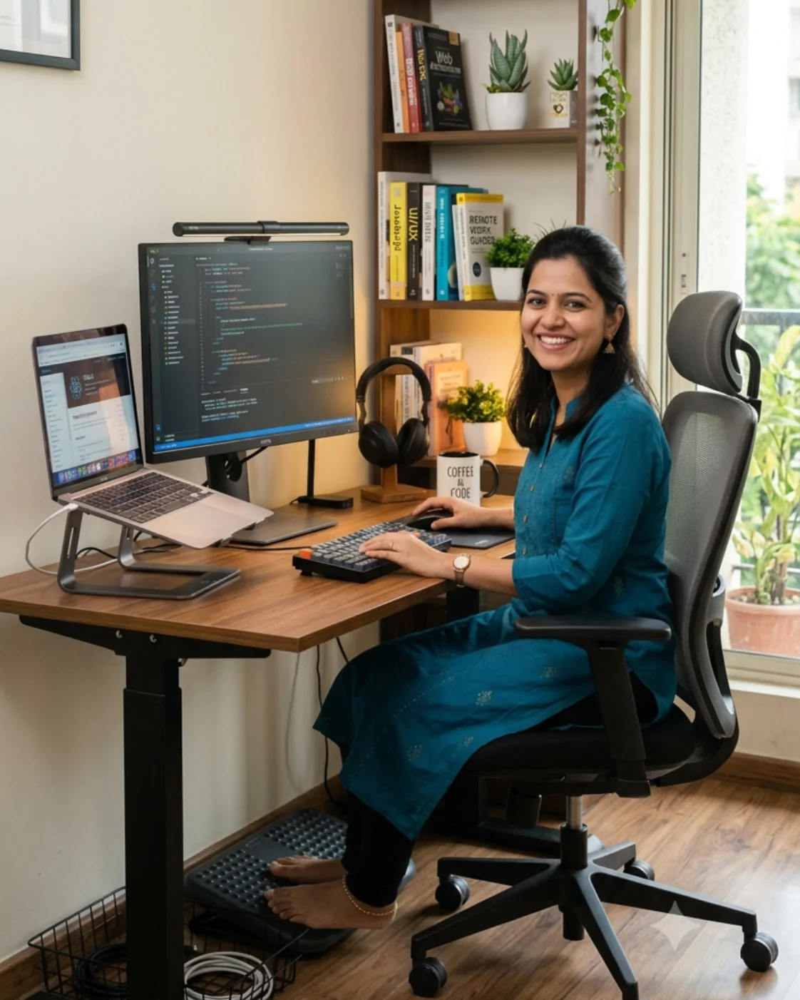 Hire a Web Developer VA | Expansion Desk Remote web developer virtual assistant coding a responsive website on a laptop and dual monitor setup