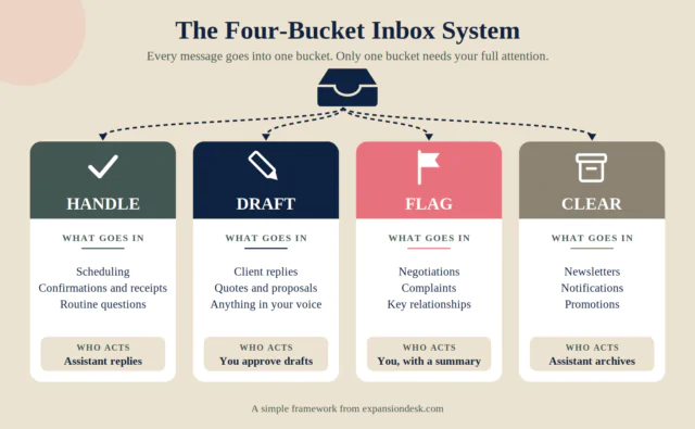 Four-bucket inbox system infographic showing messages sorted into Handle, Draft, Flag and Clear