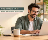 Small business owner at a desk deciding whether to hire a virtual assistant" — describes what's actually in the photo, includes