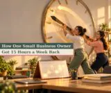 Business owner and assistant turning back the hands of a giant clock in a sunlit office
