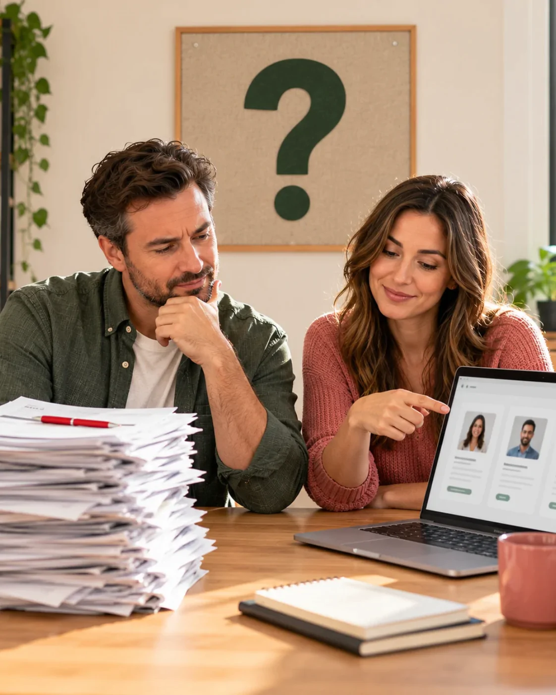 Small business co-founders comparing a pile of resumes with a ready remote staffing shortlist