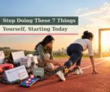 Business owner at a starting line on a running track, ready to leave a pile of paperwork and task icons behind